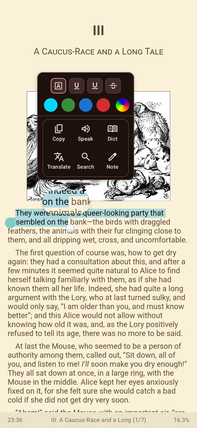 Selected text with the highlight toolbar open